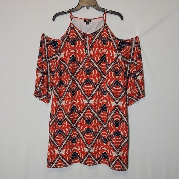 A.N.A. Red Print Chiffon Cold Shoulder 3/4 Sleeve Short Straight Dress; Size XL - Picture 1 of 6